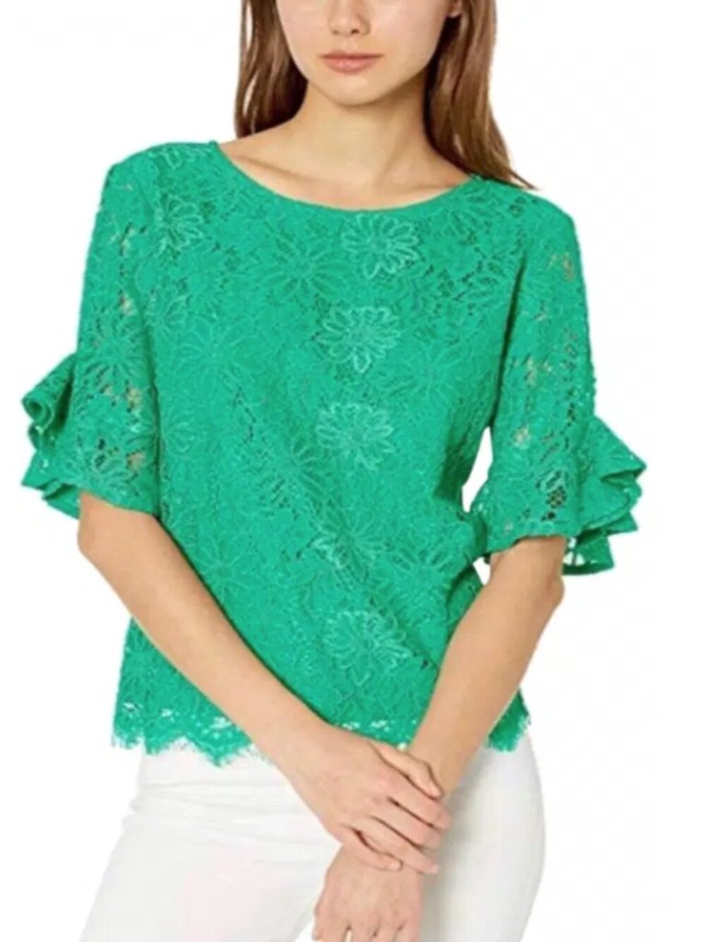 Nanette Lepore Emerald Green Lace Ruffle-Sleeve Blouse Size Small